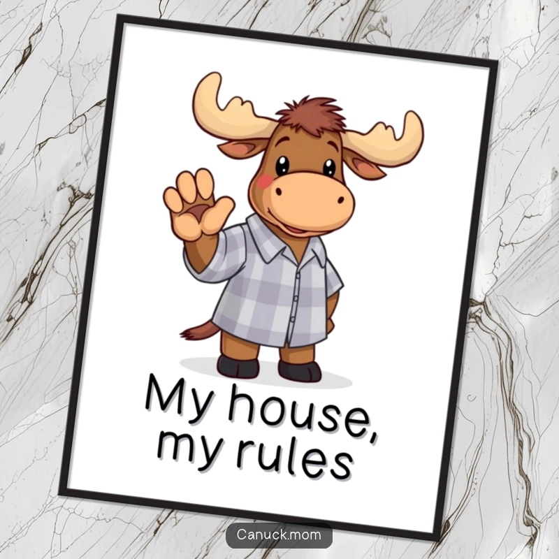 Funny moose wearing a checkered shirt, waving a paw, presented as a vibrant poster, adding humorous woodland decor.