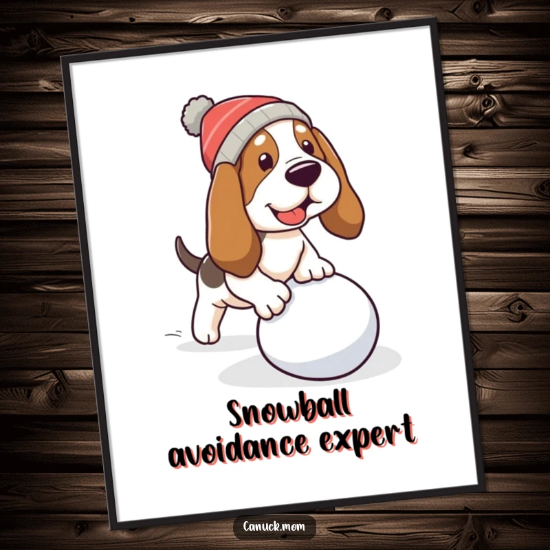 Funny Basset Hound Poster: A dog in a hat trips over a rolling snowball, a funny winter scene.