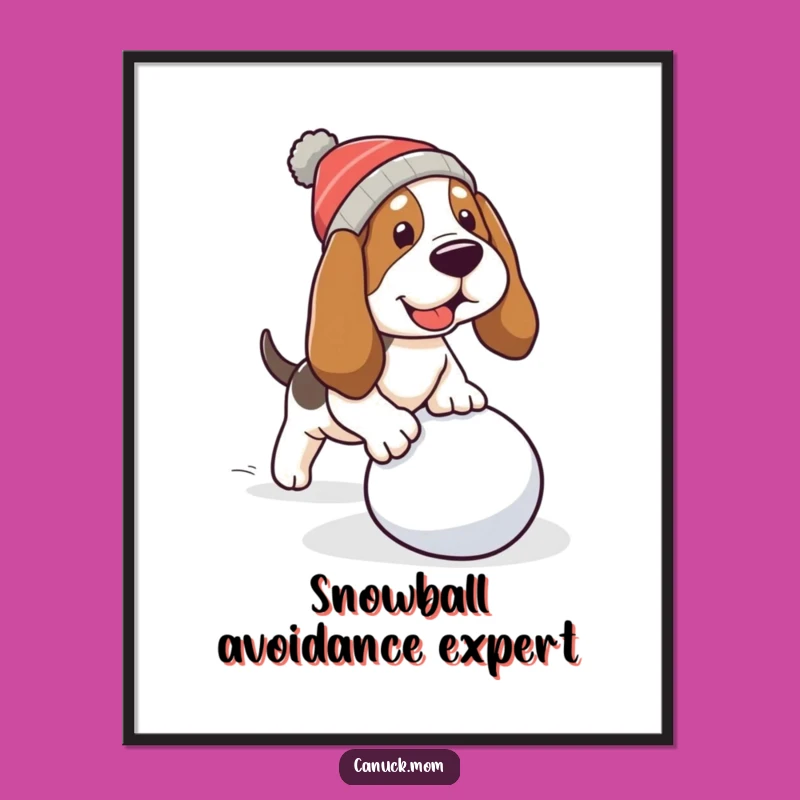 Funny Basset Hound Snowball Poster - Tripping Dog Winter Scene, Charming Funny Gift