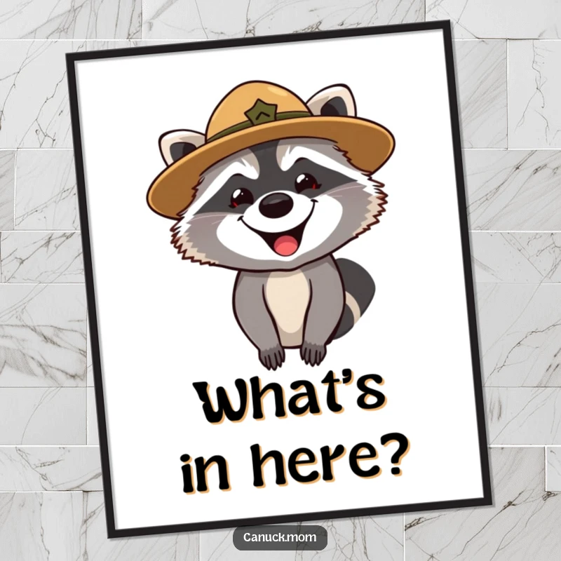 Funny poster art of a grinning raccoon in a park ranger hat, looking curiously, adding woodland charm.