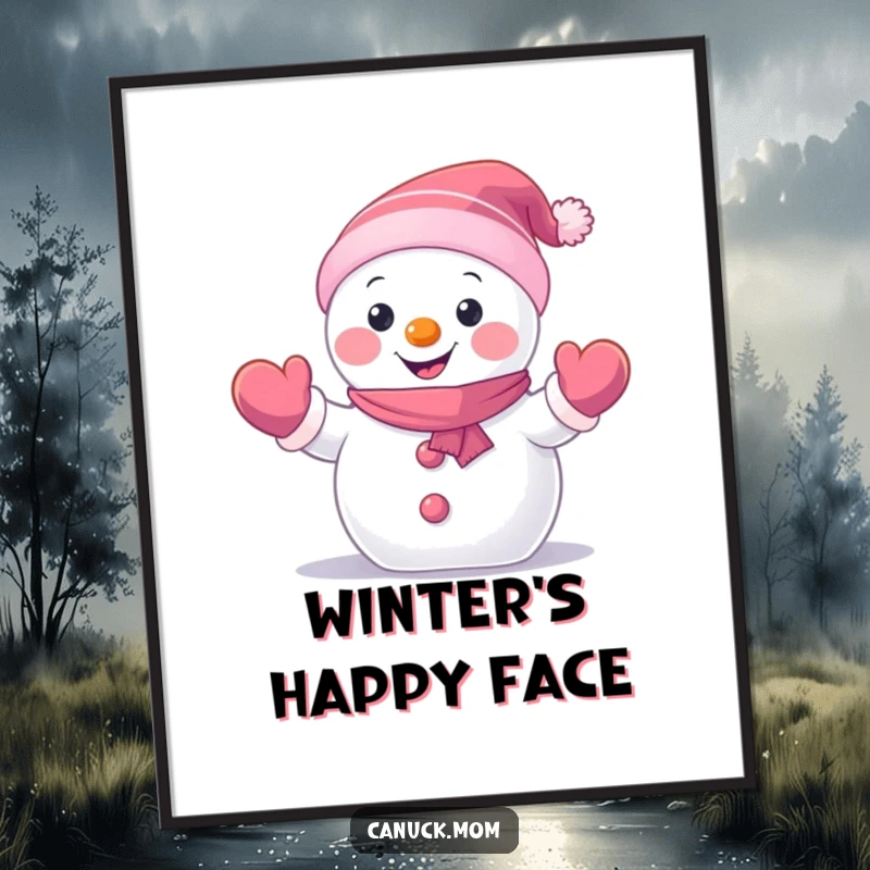 Funny Snowman Poster showing a happy, small snowman character wearing mittens and waving hello, ideal for winter decor and a funny gift.