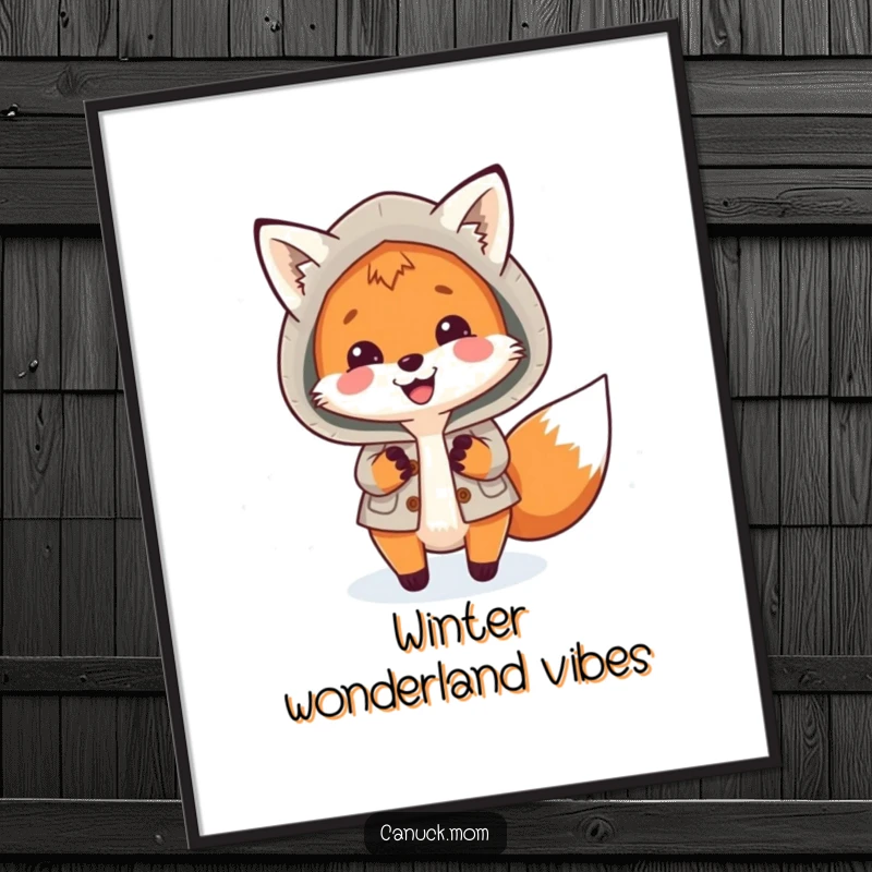Funny Fox Parka Poster: A smiling fox in a warm parka playfully chases snowflakes, creating a whimsical and joyful winter scene.