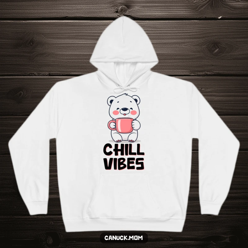 Cozy Happy Polar Bear Hoodie, holding a steaming mug, perfect for ultimate winter comfort and cheer.