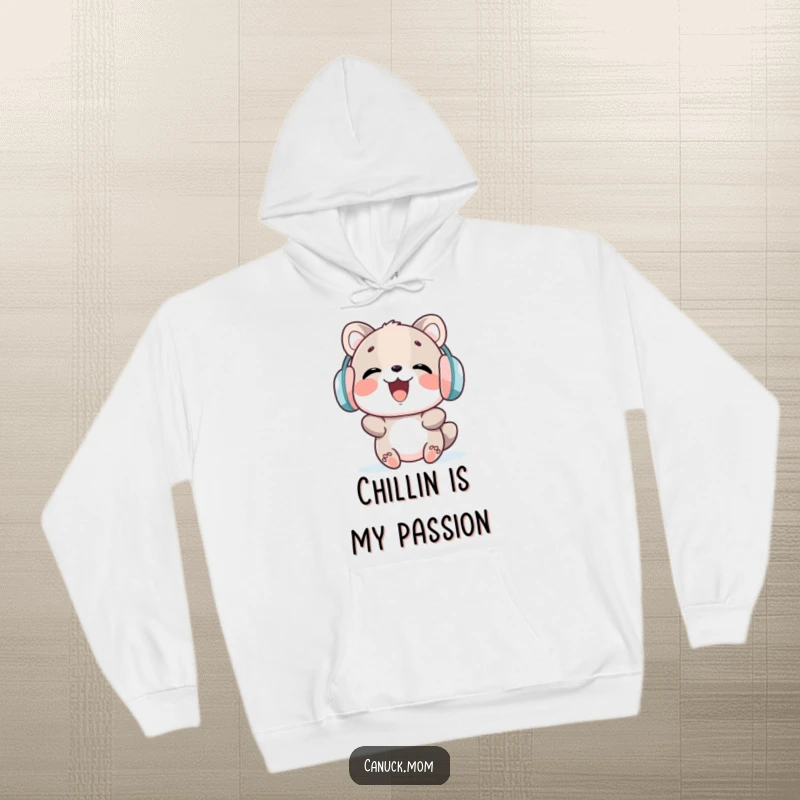 Funny animal hoodie with earmuffs, laughing heartily while catching snowflakes, a symbol of pure winter delight.