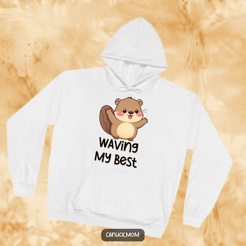 Funny hoodie featuring a cute animal with a beaver tail, waving enthusiastically, offering comfort and a touch of cheerful greeting.