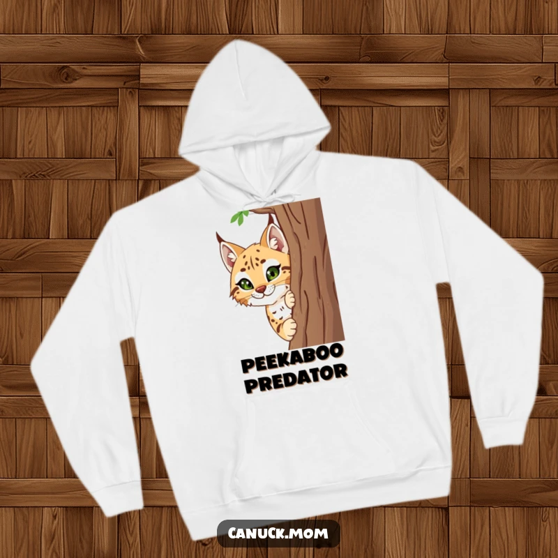 Funny Lynx Hoodie with a smiling lynx peeking curiously from behind a tree, ideal for humorous warmth.