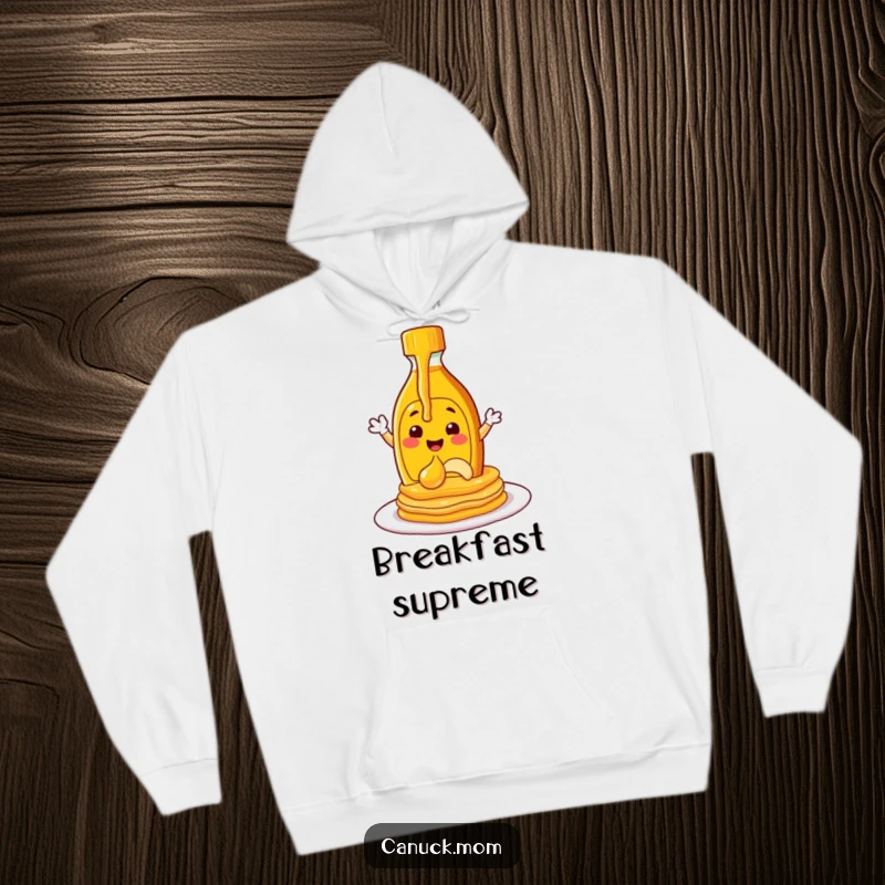 Soft hoodie showcasing a funny maple syrup bottle character in the act of pouring syrup on pancakes.