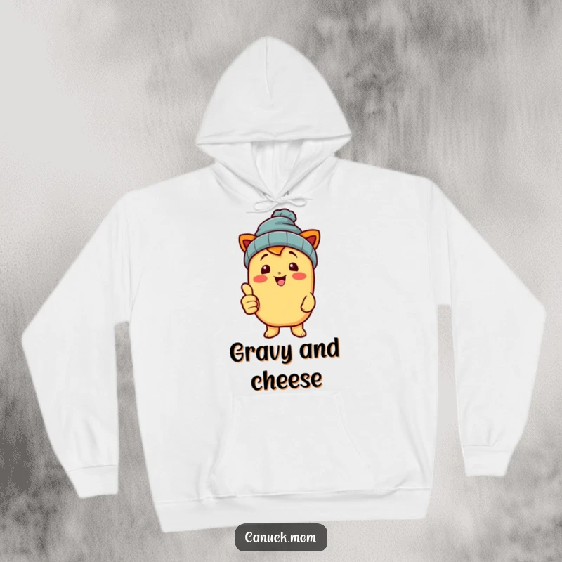 Soft hoodie featuring a funny poutine character in a beanie, giving a positive thumbs up.