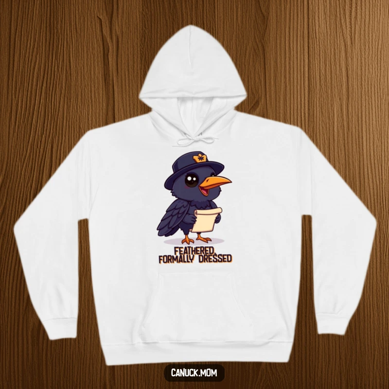 Funny Raven Mountie Hoodie: A chatty raven wearing a Mountie hat holds a scroll; comfortable and humorous Canadian-themed apparel.