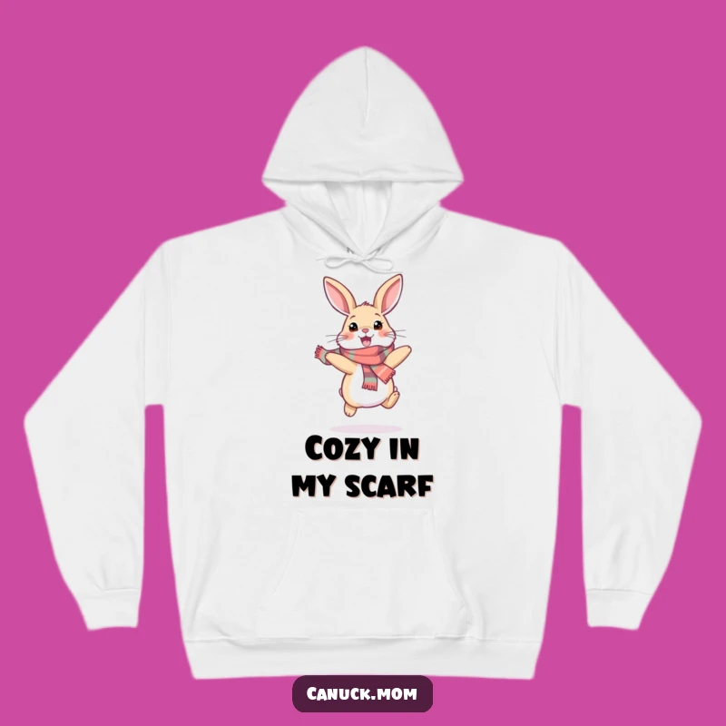 Funny Snowshoe Hare Hoodie: Cozy Scarf Bunny Hopping with Winter Cheer