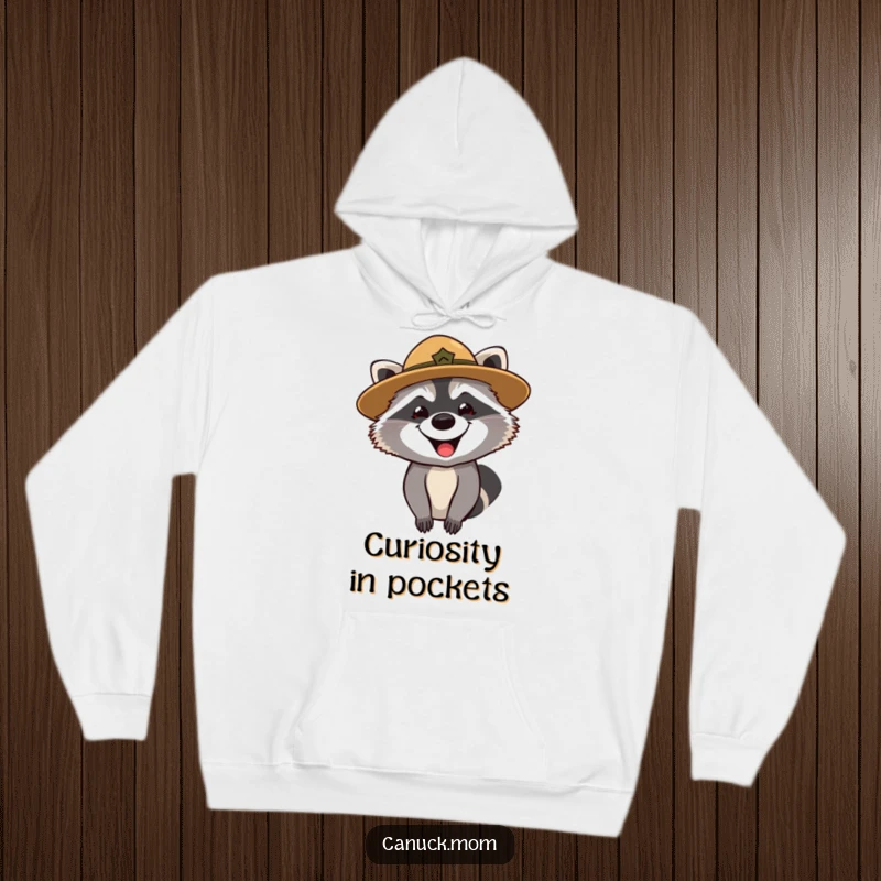 Funny hoodie with a grinning raccoon in a park ranger hat, looking curiously, perfect for outdoor enthusiasts.