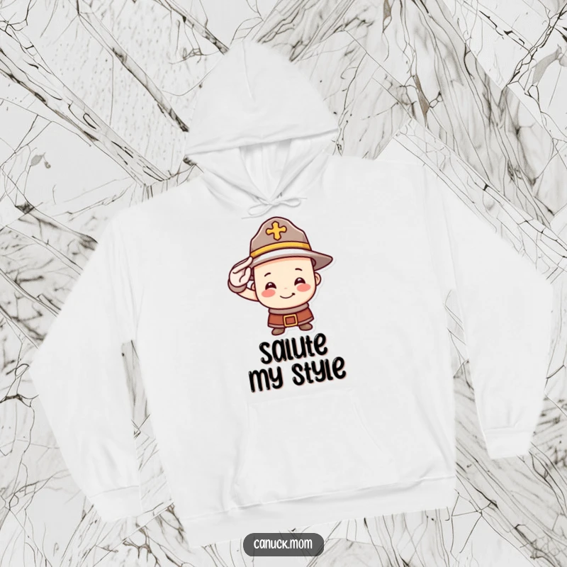 Funny Mountie hat hoodie with a smiling face giving a brave salute, offering warmth and a touch of Canadian humor for any casual occasion.