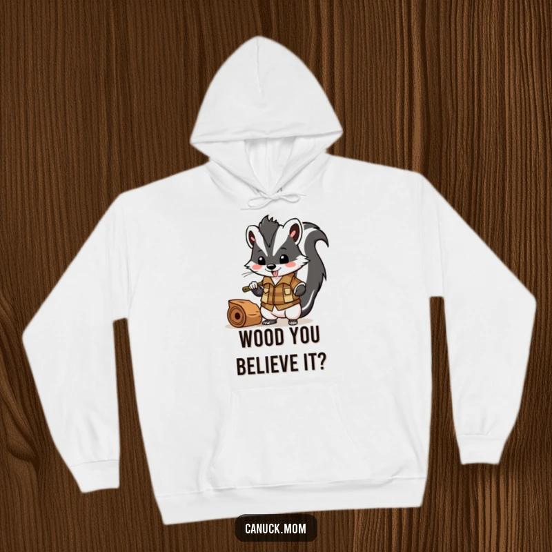 Funny skunk in lumberjack attire chopping wood, warm and humorous hoodie for outdoor enthusiasts.