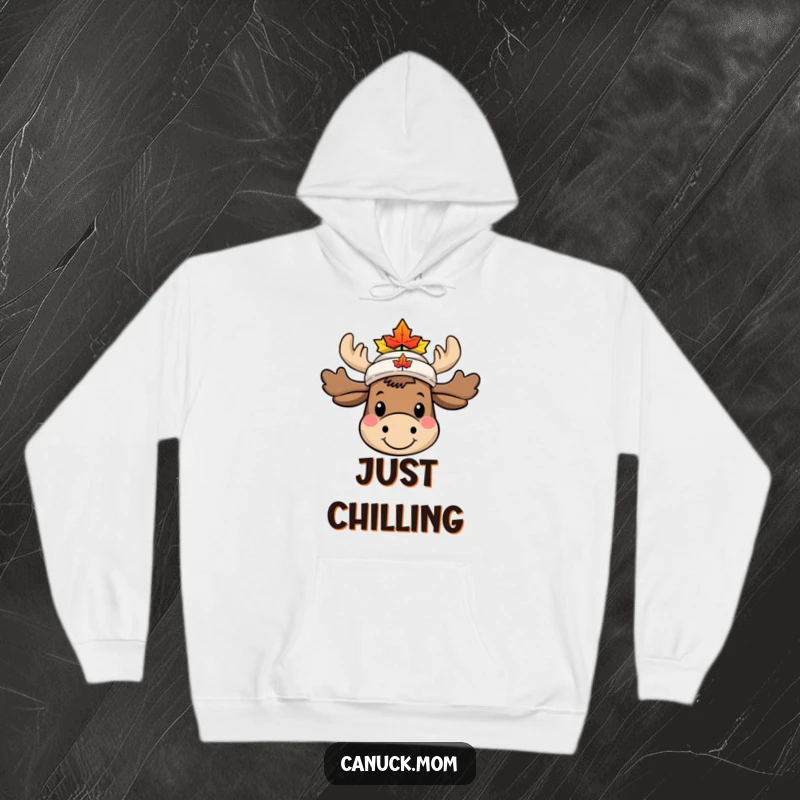 Funny Moose Hoodie, smiling character in a tiny maple leaf hat, offering cozy and humorous Canadian vibes.
