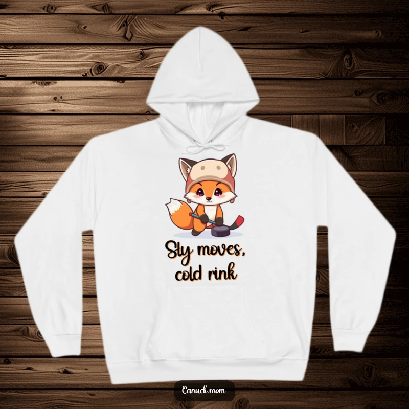 Funny fox in a trapper hat playing hockey with a puck, featured on a cozy hoodie, radiating winter sport energy.