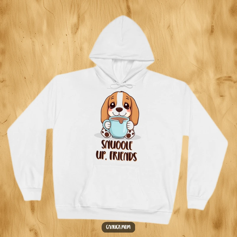 Funny Basset Hound wrapped in coziness, sipping hot chocolate from a mug on this super soft hoodie.