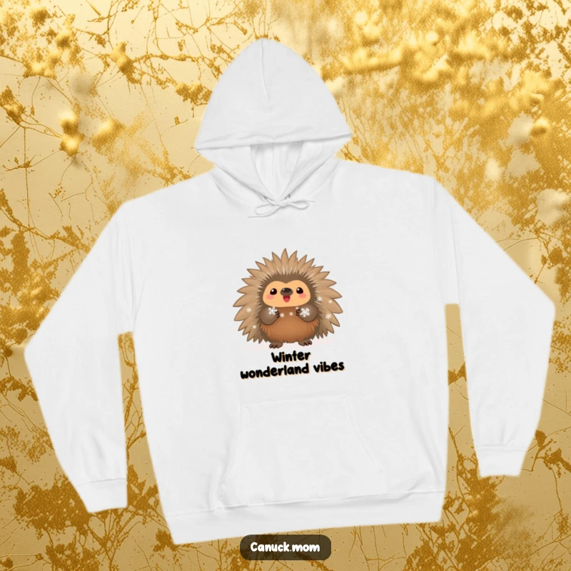 Funny proud porcupine with snowflakes on a warm, cozy hoodie, perfect for winter.