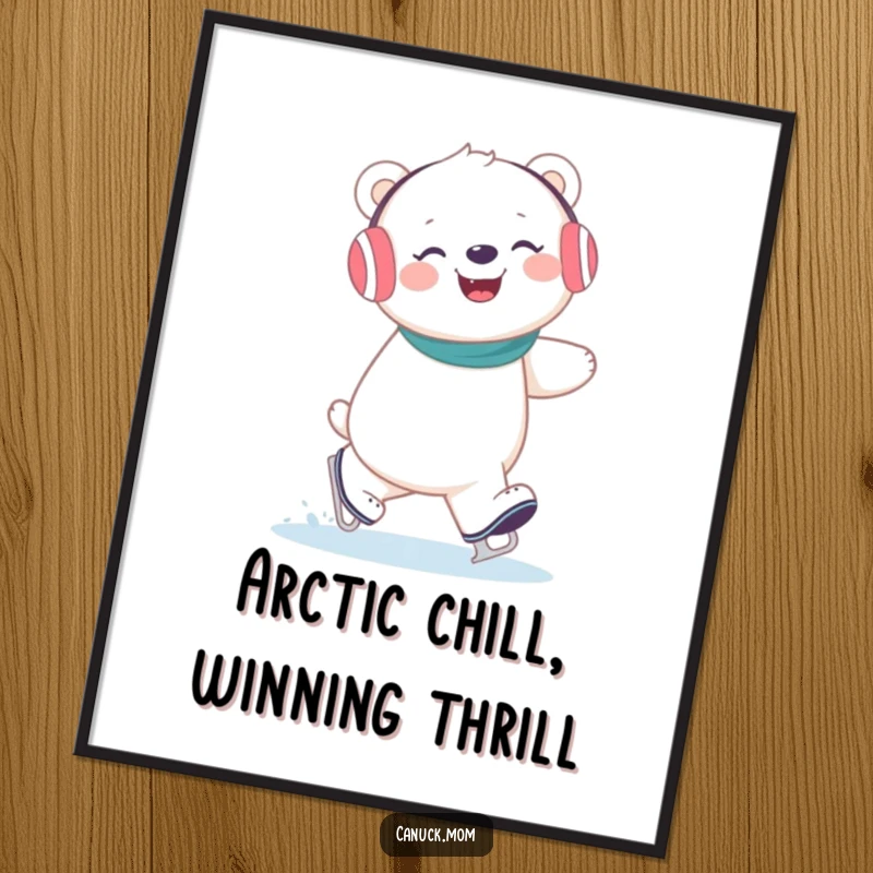 Funny Free Printable Wall Art: A joyful polar bear wearing earmuffs gleefully ice skating on a frozen surface.