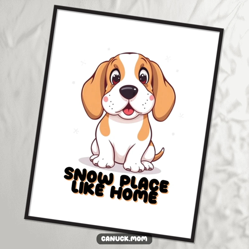 Hilarious Free Printable Basset Hound wearing earmuffs, looking amused by gentle snowflakes, for wall art.