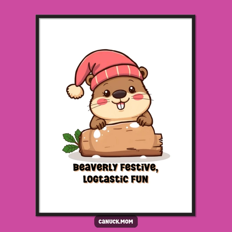 Funny Free Printable Wall Art: Beaver in Toque Chopping Festive Log