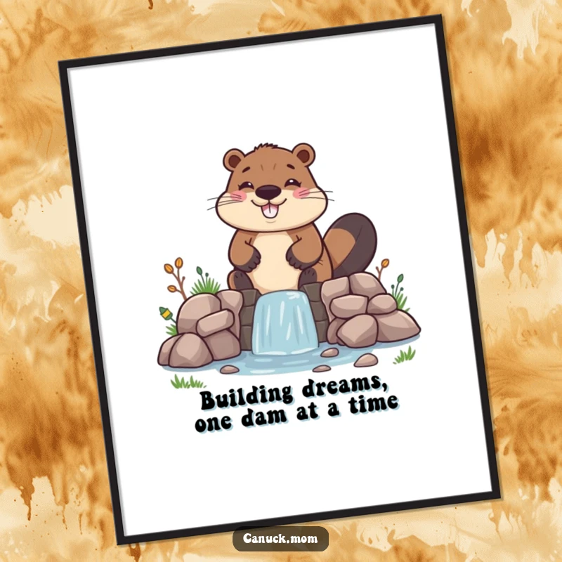Funny Free Printable Wall Art: A happy beaver focused on building a hilariously wonky, miniature dam, bringing woodland charm.