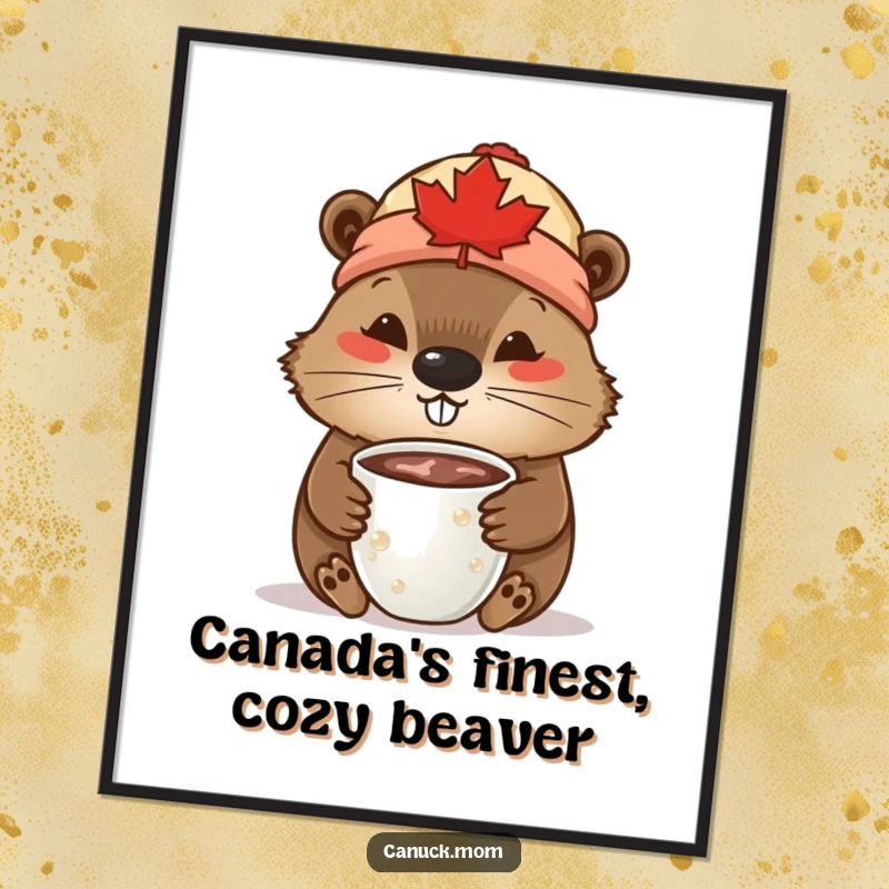 Funny free printable wall art: Beaver in a maple leaf toque sipping hot chocolate, cozy and cheerful downloadable art.