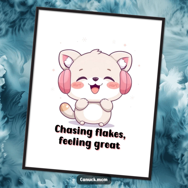 Funny Free Printable Wall Art: Adorable animal in earmuffs, giggling gleefully while catching snowflakes.