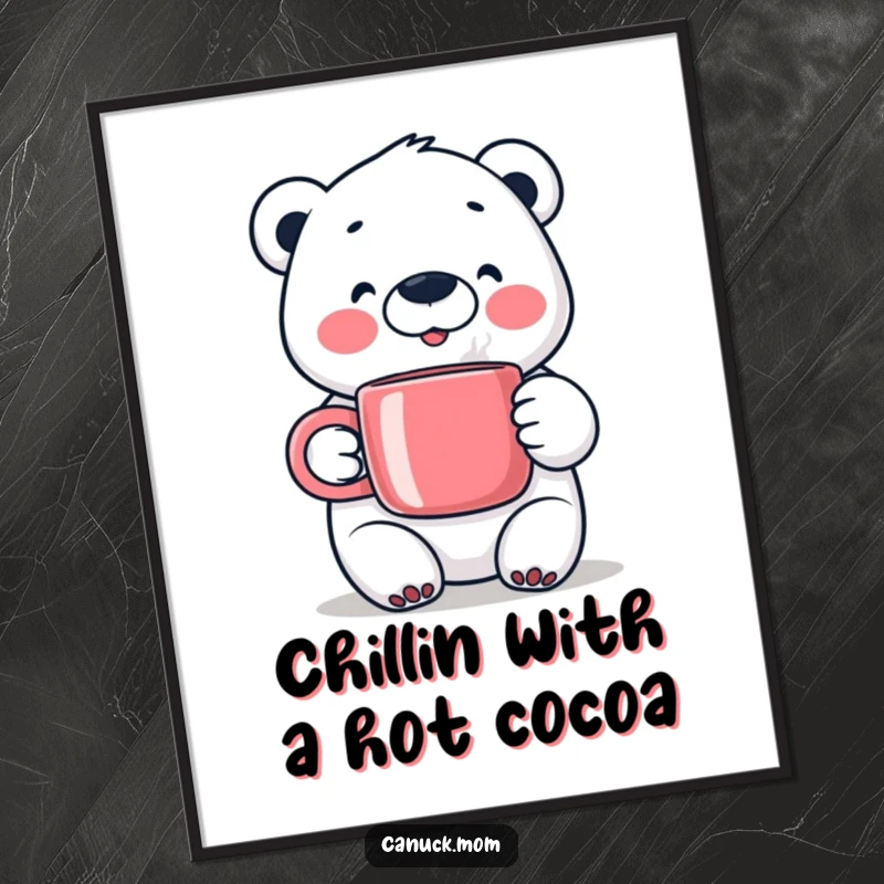 Funny Free Printable Wall Art: A happy polar bear clutching a steaming mug, radiating warmth and comfort in a charming illustration.
