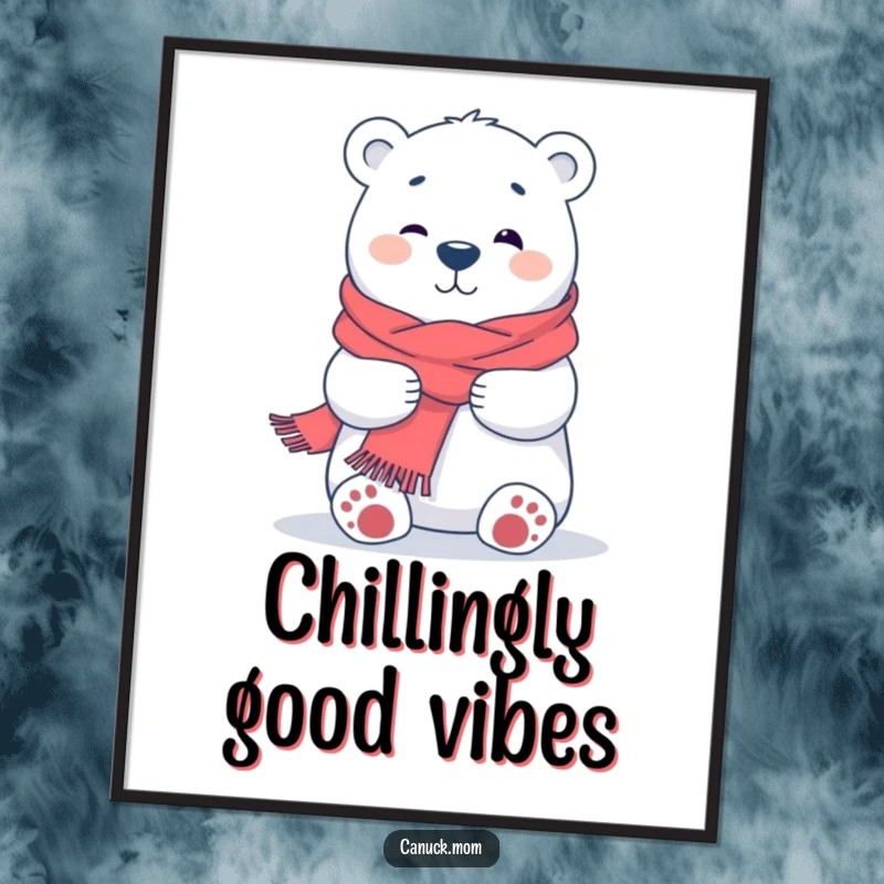 Funny free printable wall art of a sweet polar bear sporting a scarf, offering a super warm and friendly hug.