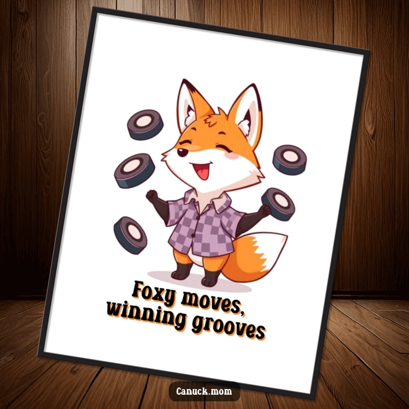 Funny Free Printable Wall Art: An energetic fox in a checkered shirt expertly juggling multiple hockey pucks.
