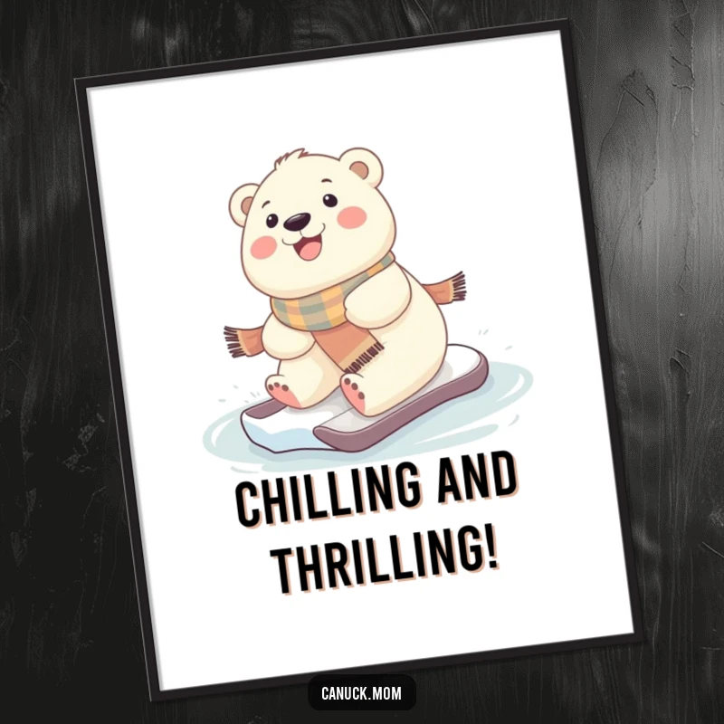 Funny Free Printable Wall Art: Adorable kawaii baby polar bear wearing a scarf, joyfully sliding on an icy surface.