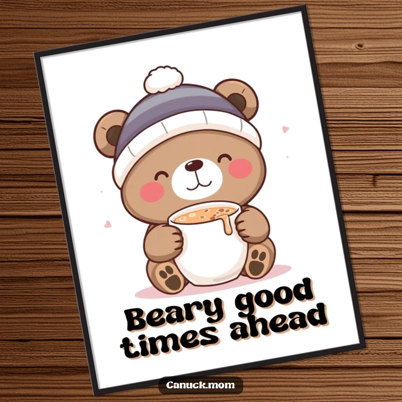 Funny Free Printable Wall Art: A cute bear wearing a toque, joyfully sipping hot cocoa, adding cozy humor to your decor.