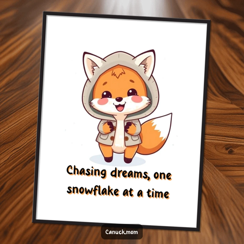 Funny Free Printable Wall Art: A happy fox wearing a warm parka playfully chases snowflakes, bringing winter cheer to your decor.