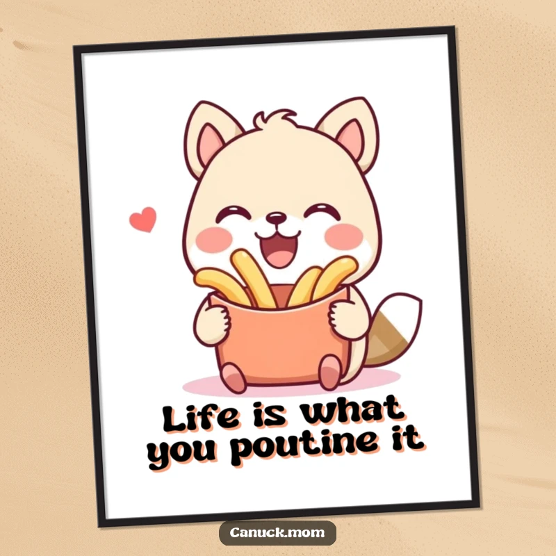 Funny Free Printable Wall Art: Whimsical animal with a huge grin, enthusiastically holding a plate of poutine.