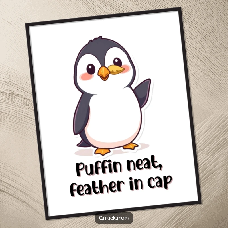 Funny Free Printable Wall Art: A polite puffin with a feather, offering a friendly nod, adding whimsical and charming decor.