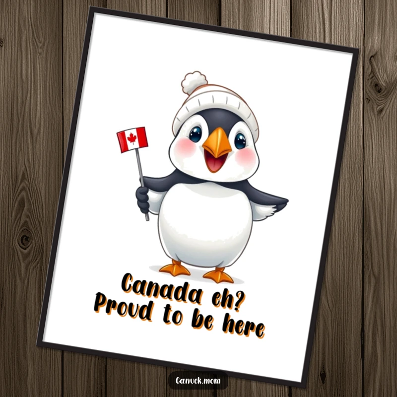 Funny Free Printable Wall Art: A joyful puffin wearing a tiny toque holds a mini Canadian flag, adding patriotic charm.