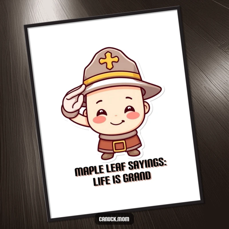 Funny Free Printable Wall Art depicting a smiling Mountie hat giving a brave salute, adding humorous charm to any space.