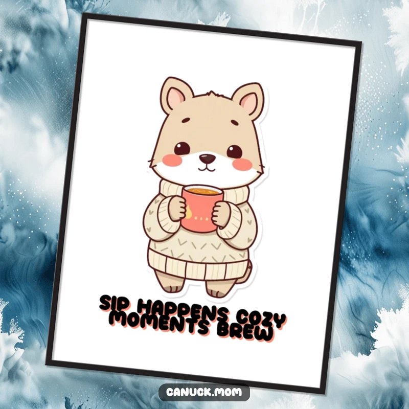 Funny Free Printable Wall Art: Animal in a cozy sweater shares a warm drink, creating a relaxed, inviting, and humorous decorative scene.