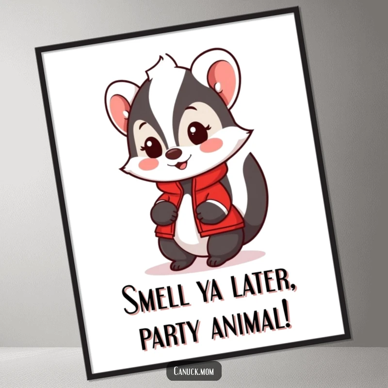 Funny Free Printable Wall Art: A happy skunk wearing a tiny red jacket looks friendly and approachable.