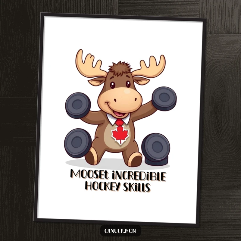 Funny free printable wall art, moose wearing a maple leaf tie happily juggling hockey pucks, Canadian humor, sports decor.