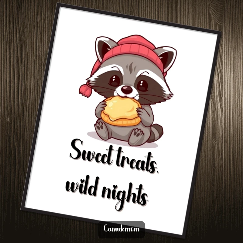 Funny Free Printable Wall Art: A raccoon wearing a beanie, happily munching on a butter tart, adding sweet humor.
