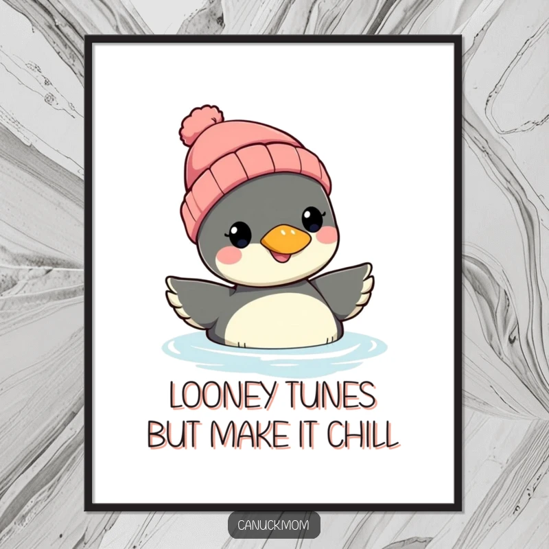 Funny Free Printable Wall Art: A smiling loon wearing a beanie floats serenely, bringing calm and quirky vibes.