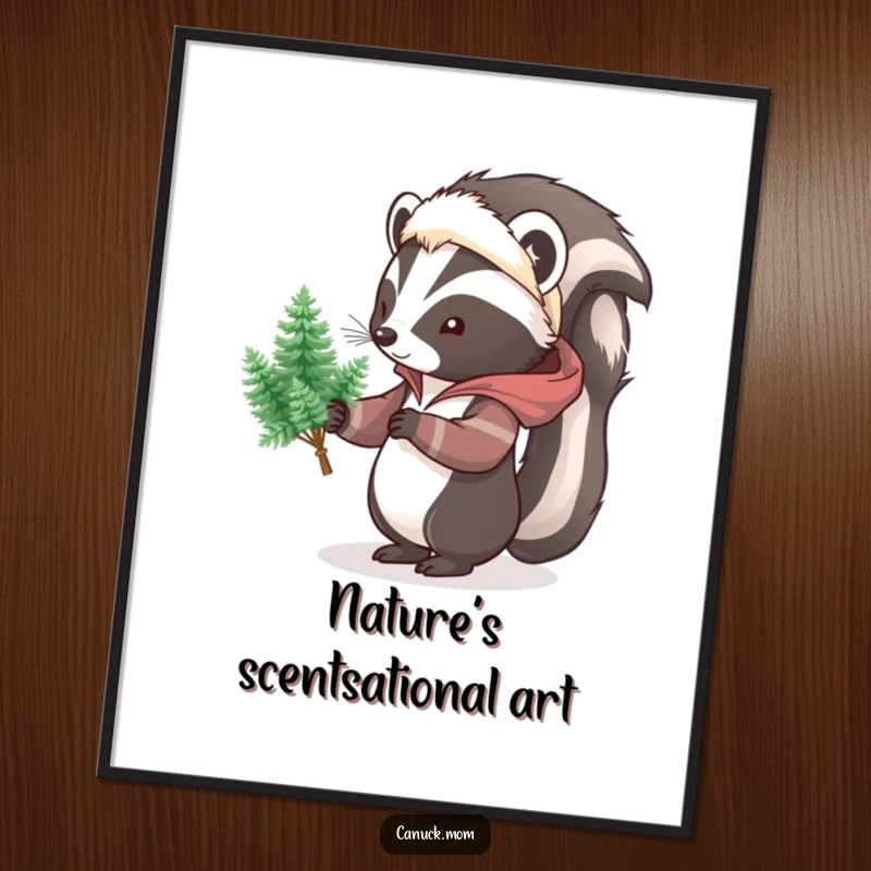 Funny free printable wall art of a skunk in a parka, humorously offering a bouquet of tiny green pine trees.
