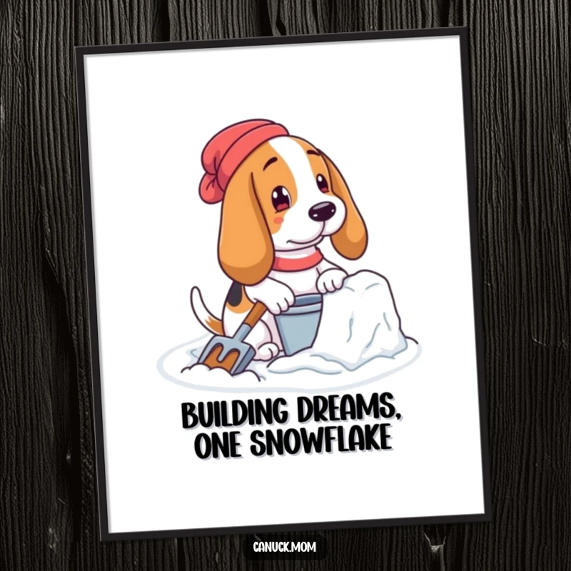 Funny Free Printable Wall Art: A Basset hound with pail and shovel creating a snow fort, capturing winter's playful spirit.