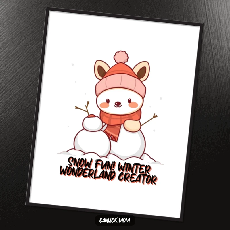 Funny Free Printable Wall Art: Animal in a winter hat happily builds a snowman, creating a cheerful and humorous decorative scene.