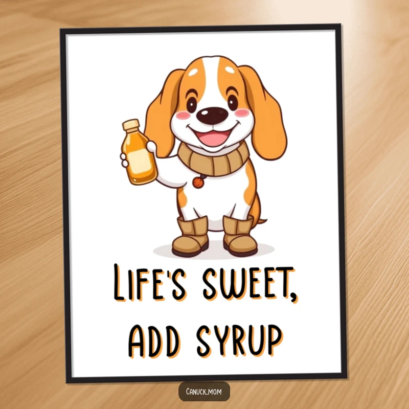 Funny Free Printable Wall Art: A Basset hound in boots grins widely, holding a tiny maple syrup bottle, a sweet delight.