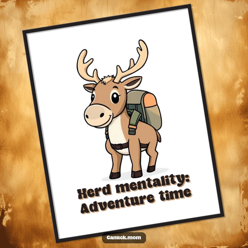 Funny Free Printable Caribou Wall Art: A determined caribou, backpack slung, eagerly sets off on a grand adventure.