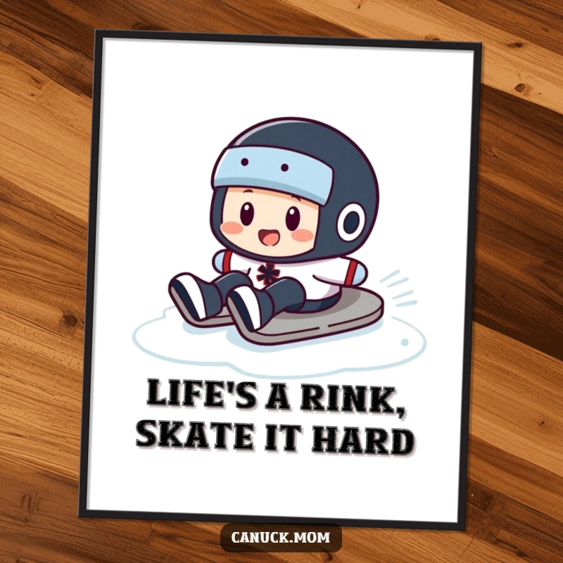 Free Printable Wall Art capturing a puck character in a funny, dynamic slide on the ice, ideal for sports-themed decor.