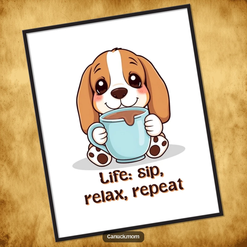 Funny Free Printable Wall Art: Basset Hound with Hot Chocolate Mug, Exuding Ultimate Coziness