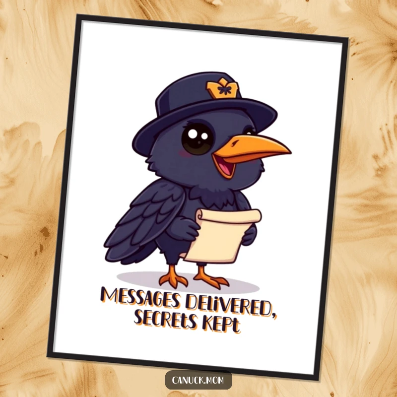 Funny Free Printable Wall Art: Raven wearing a Mountie hat, holding a small scroll, looking quite chatty.